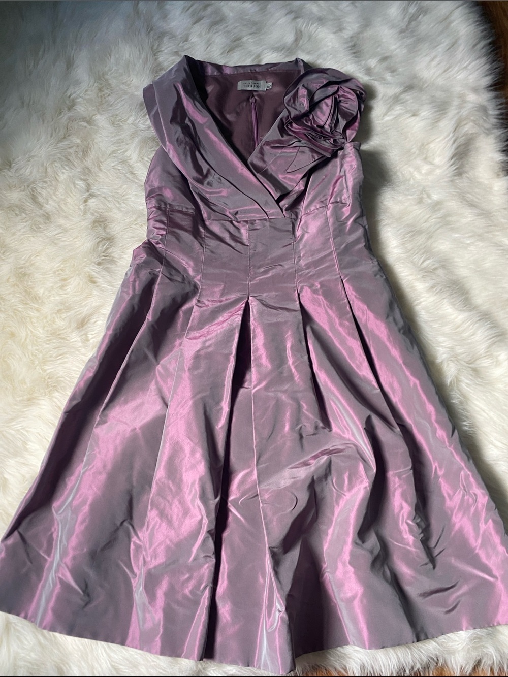 Teri Jon Iridescent Lavender Pink One-Shoulder Fit & Flare Dress